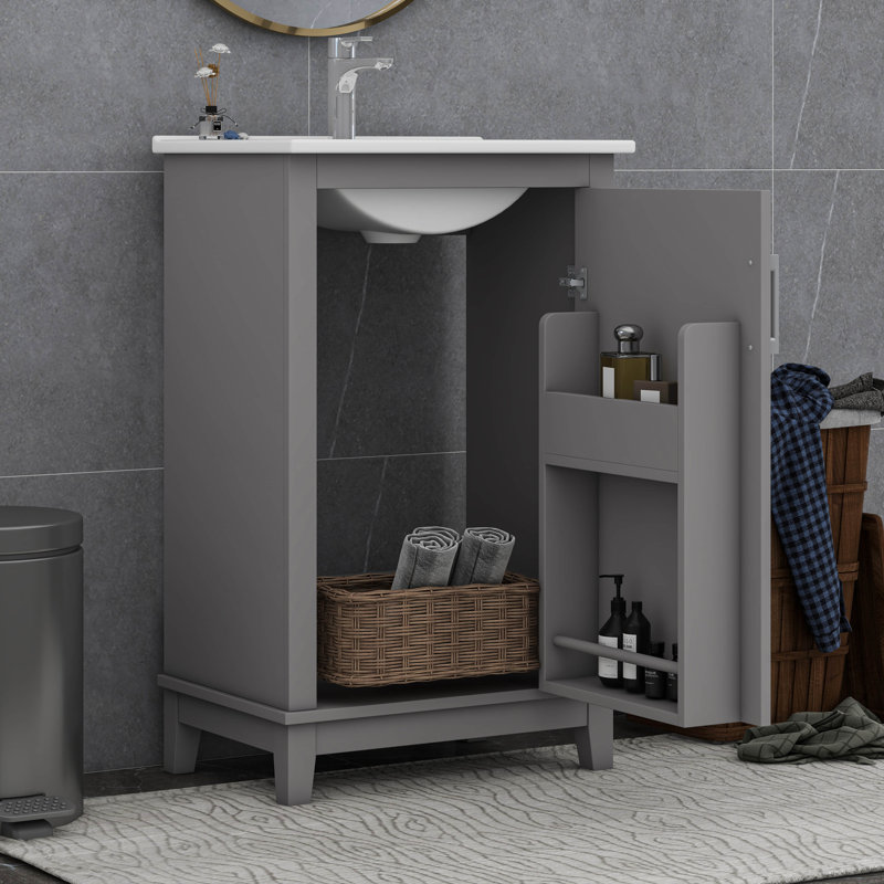 Petit meuble-lavabo moderne avec lavabo en céramique, Gris