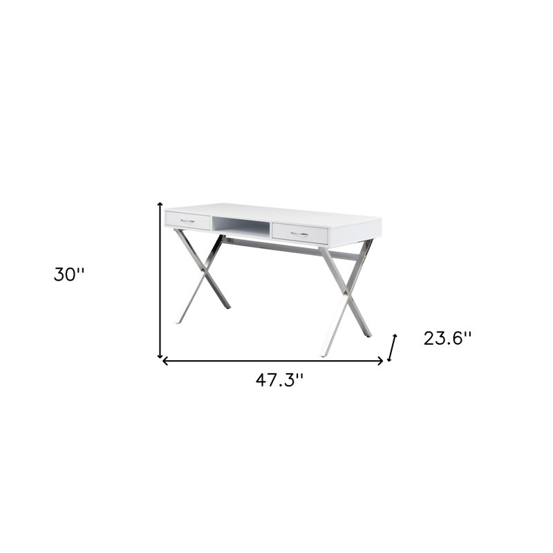 Bureau d'ordinateur 47 po en bois et métal blanc et argent avec deux tiroirs