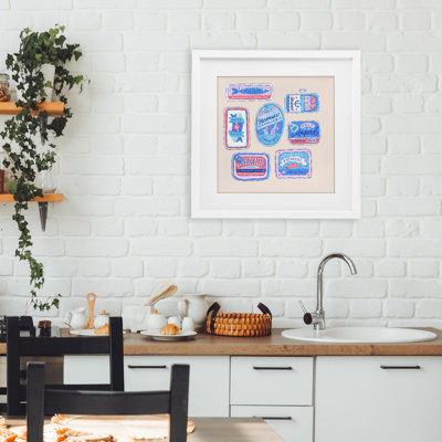 Divers poissons en conserve, fruits de mer, reproduction encadrée sous verre, design par Krissy Mast