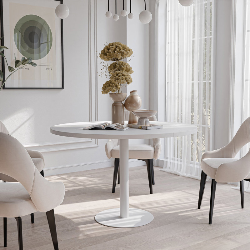 Extendable Round Dining Table, Arctic White, White