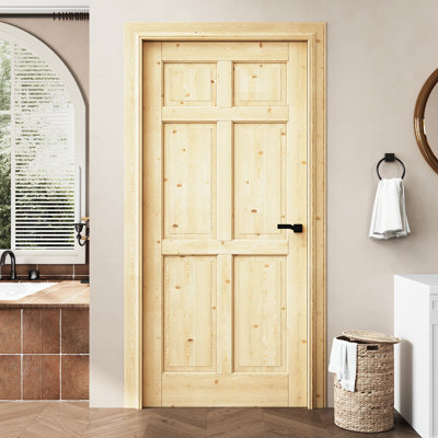 36" x 80" 6-Panel Prebuilt Natural Pine Wood Interior Door Slab, as Prehung Door or Barn Door or Pocket Door or French Door or Sliding Door Slab for Pantry, Laundry, Bedroom, Paintable & Waterproof, Door Panel w/o Borehole or Hinges
