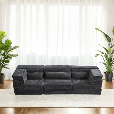 Compression Mahjong Sofa,Convertible Floor Sofa Bed,DIY Boneless Modular Sectional Sofa,No Assembly Required,Circle fleece fabric,Oversized 3 Seater with 3 Pillows,Dark-Grey
