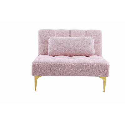 Convertible single sofa bed futon with gold metal legs teddy fabric (Pink)