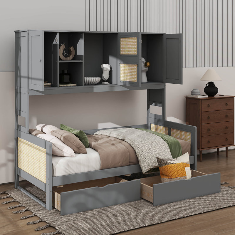 Lit de jour en bois massif avec 2 tiroirs, armoire et étagère - Lit de rangement multifonctionnel, Gris, Lit simple