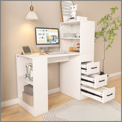 White Computer Desk with 4-in-1 Socket, the Desk with 3 Slide Drawers and 4 Storage Levels, the Wooden Desk is Suitable for a Variety of Places