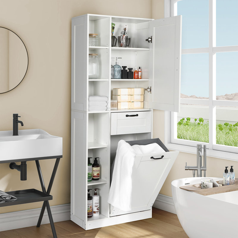 Meuble de rangement de 180 cm de hauteur pour salle de bain et buanderie avec panier à linge basculant, tiroir et étagères réglables