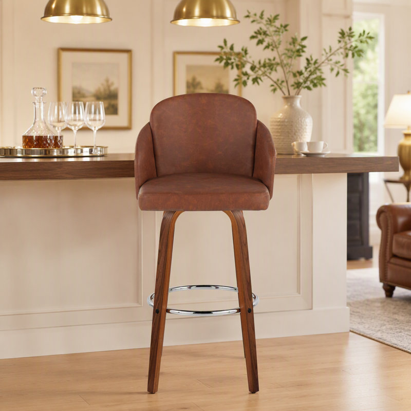 Tabouret de bar à hauteur fixe en bois de noyer et similicuir brun clair avec repose-pieds rond chromé - ensemble de 2