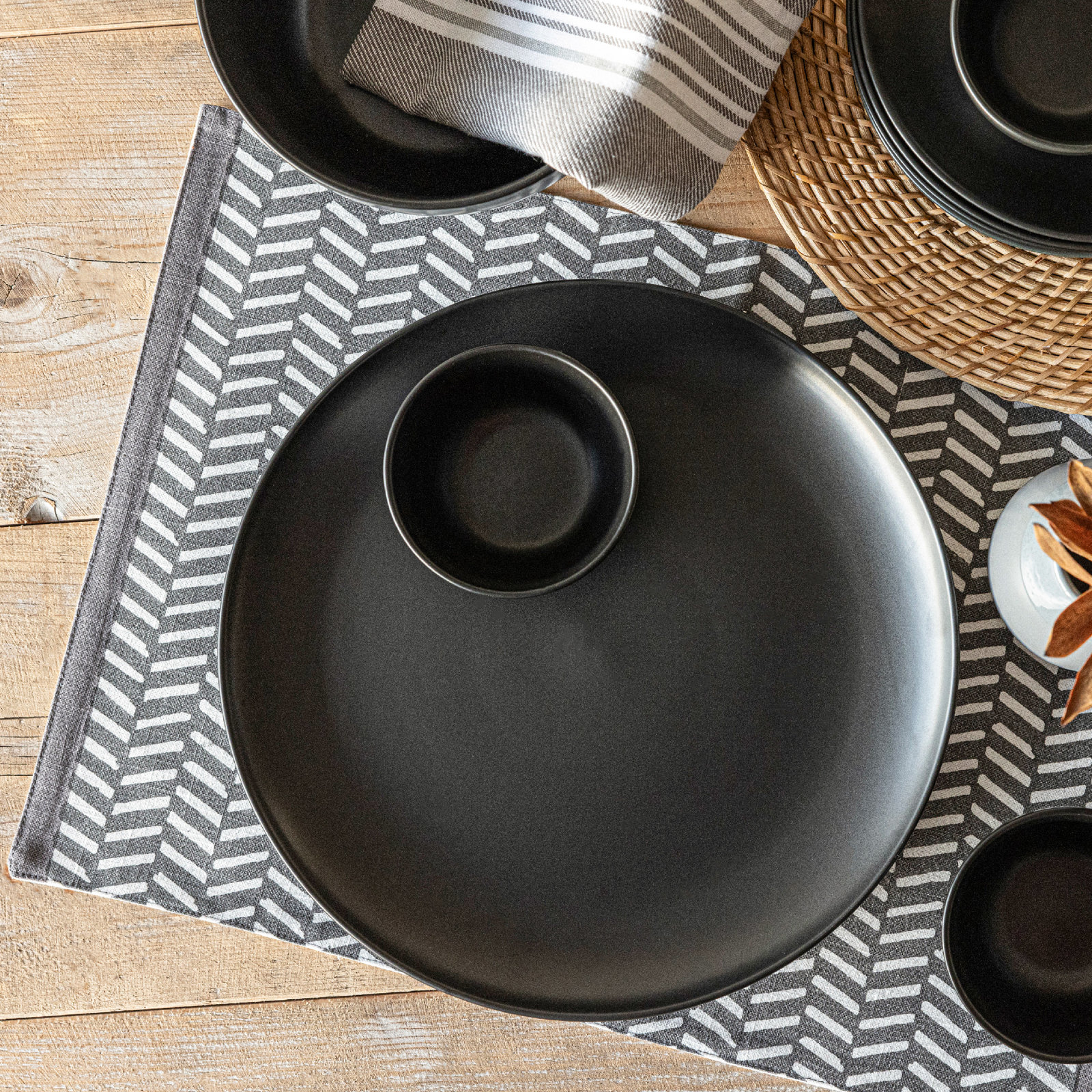 Hand-Blocked Cotton Placemat, Grey Herringbone