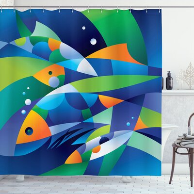 Abstract Digital Geometric Pieced Fish With Circle Curves Depths of Ocean Decor Single Shower Curtain -  Ambesonne, sc_19650_extralong