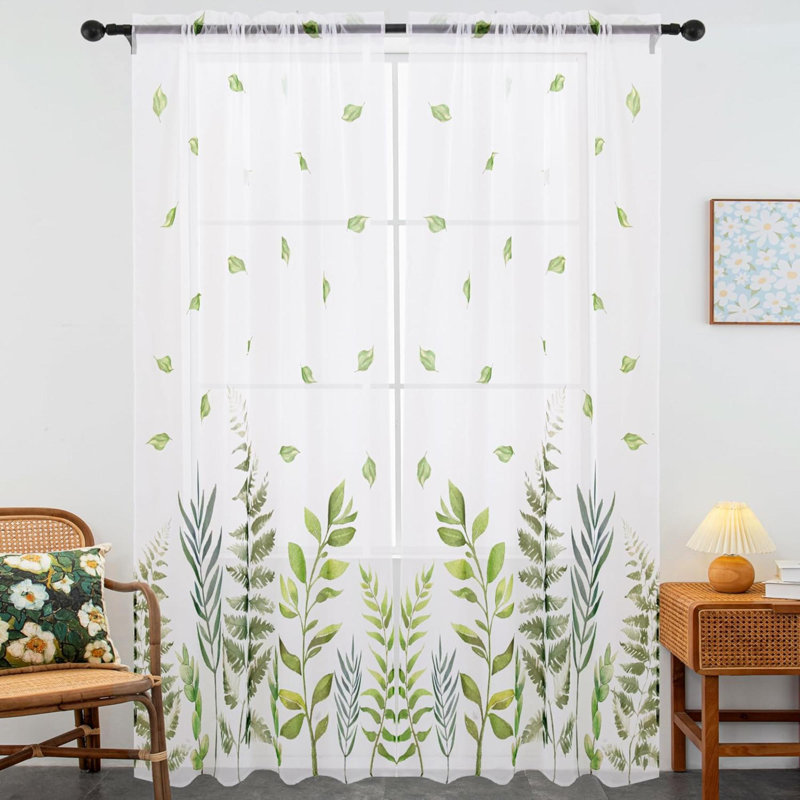 Rideaux semi-transparents à motif de feuille de rideau 2 panneaux de printemps à motif floral avec passe-tringle