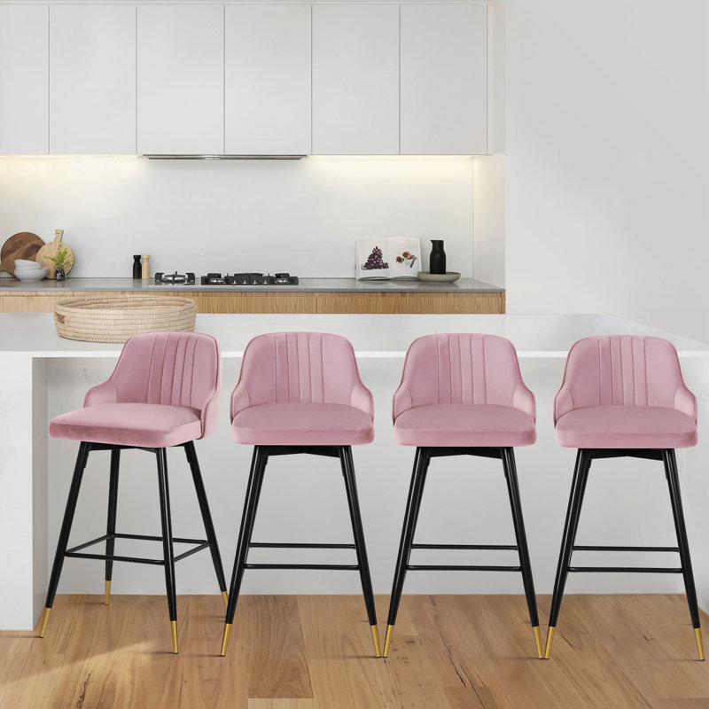 Swivel Velvet Upholstered Counter & Bar Stool With Solid Metal Frame, Pink, Counter Stool (65cm Seat Height)