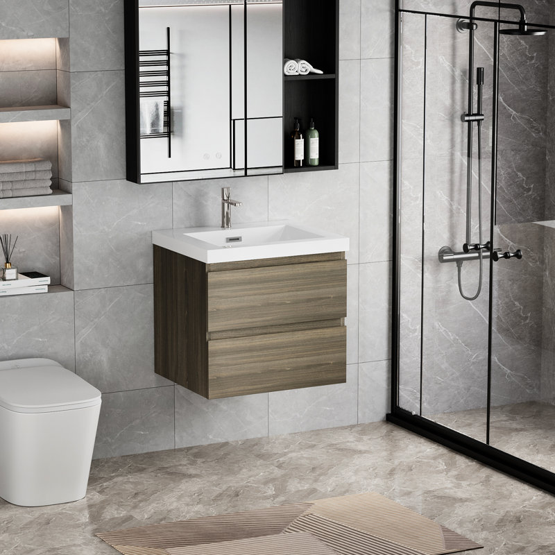 Meuble-lavabo suspendu gris cendré de 24 po avec lavabo en résine, fixé au mur, 2 tiroirs, structure robuste, tiroirs à ouverture silencieuse, fonctionnel et élégant, durable.