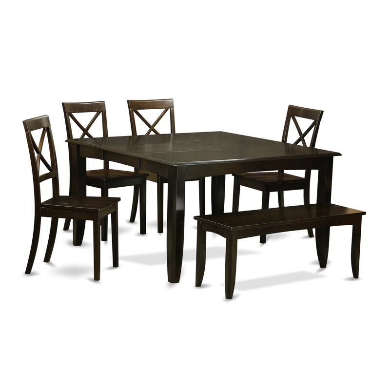 L'ensemble de table de salle à manger 6 pièces contient une table de salle à manger carrée avec rallonge papillon et 4 chaises en bois avec banc, 54 x 54 pouces, cappuccino