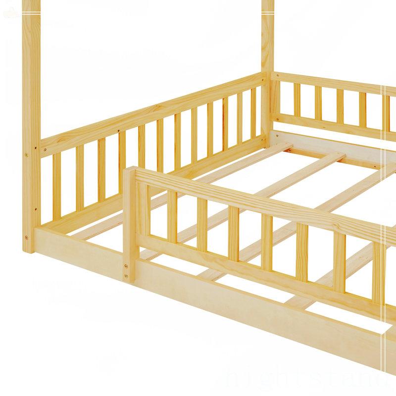 Cadre de lit en bois avec clôture, Double, Naturel