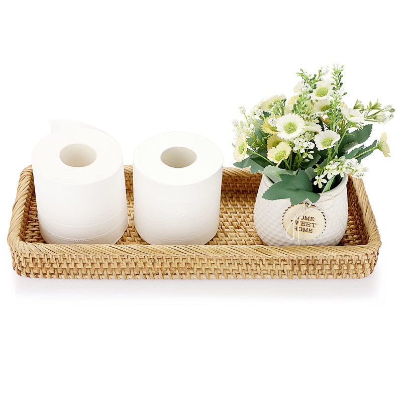 16 Inch Rattan Bathroom Vanity Tray - Decorative Wicker Toilet Tank Tray For Paper Hand Towel, Vintage Storage Basket Bin Vanity Countertop Table Shelf