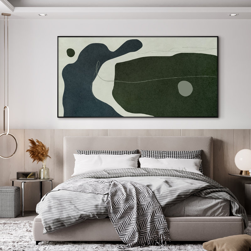 Très grand imprimé géométrique abstrait mural - œuvre d'art contemporaine verte pour le salon ou la chambre à coucher, assemblage de cadre requis