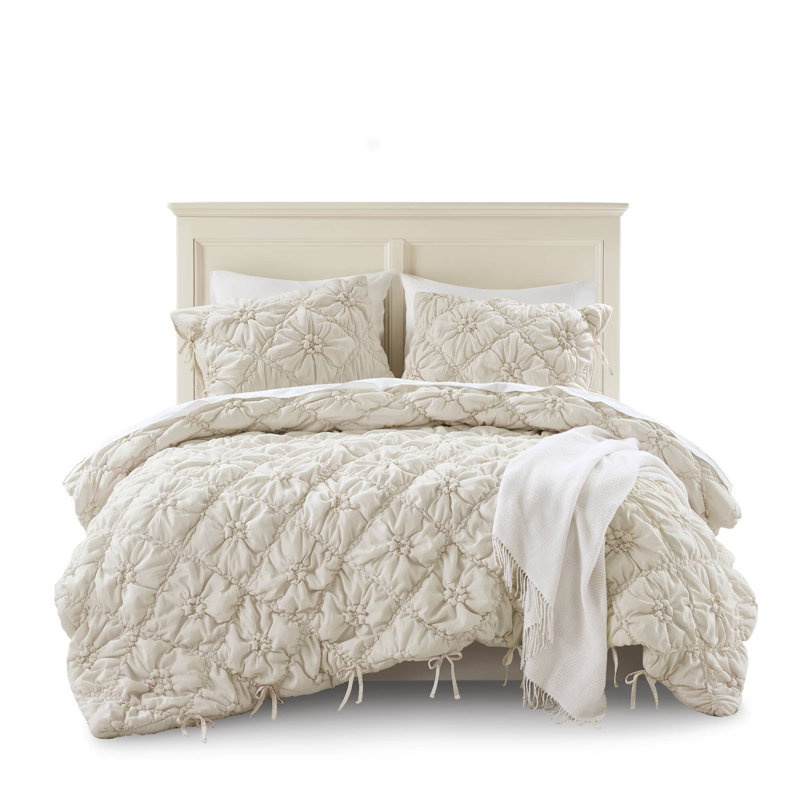 Ivory Microfiber Bedding Sets, Textured Floral Design For All Seasons