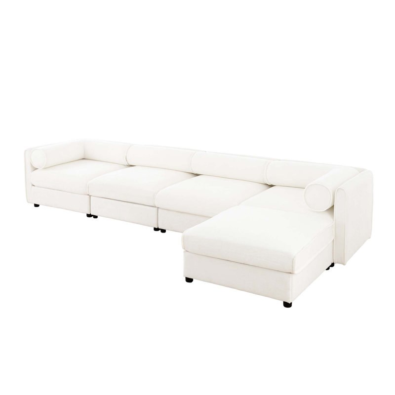 Canapé modulaire moderne en L de 5 pièces avec rangement et 1 repose-pieds avec rangement, Chenille blanche