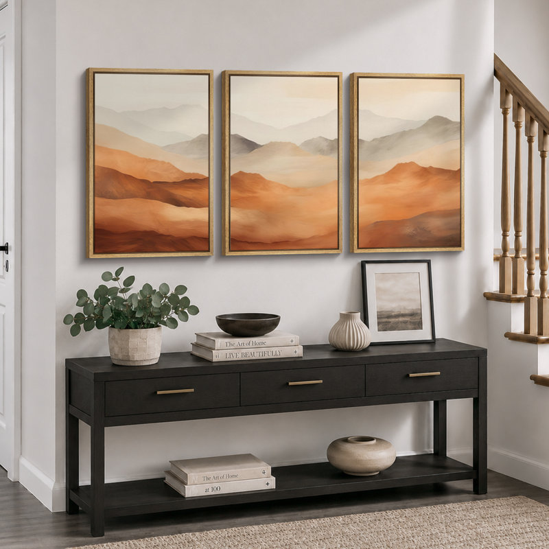 "Abstract Landscape", "Vibrant Warm Orange Brown Mountains", art mural moderne minimaliste simple, impression sur toile encadrée, 3 pièces, art mural "16" x 24 "x 3 pièces, 24" x 36 "x 3 pièces