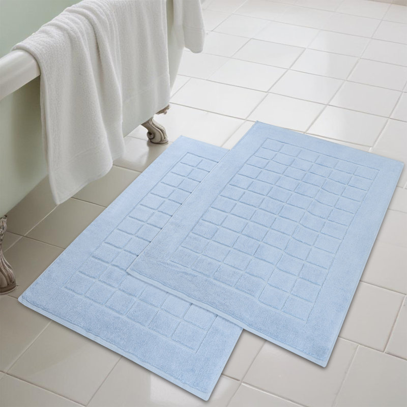 Nora Cotton Terry Solid Absorbent Thick Checkered Washable 2 Piece Bath Mat Set, Light Blue