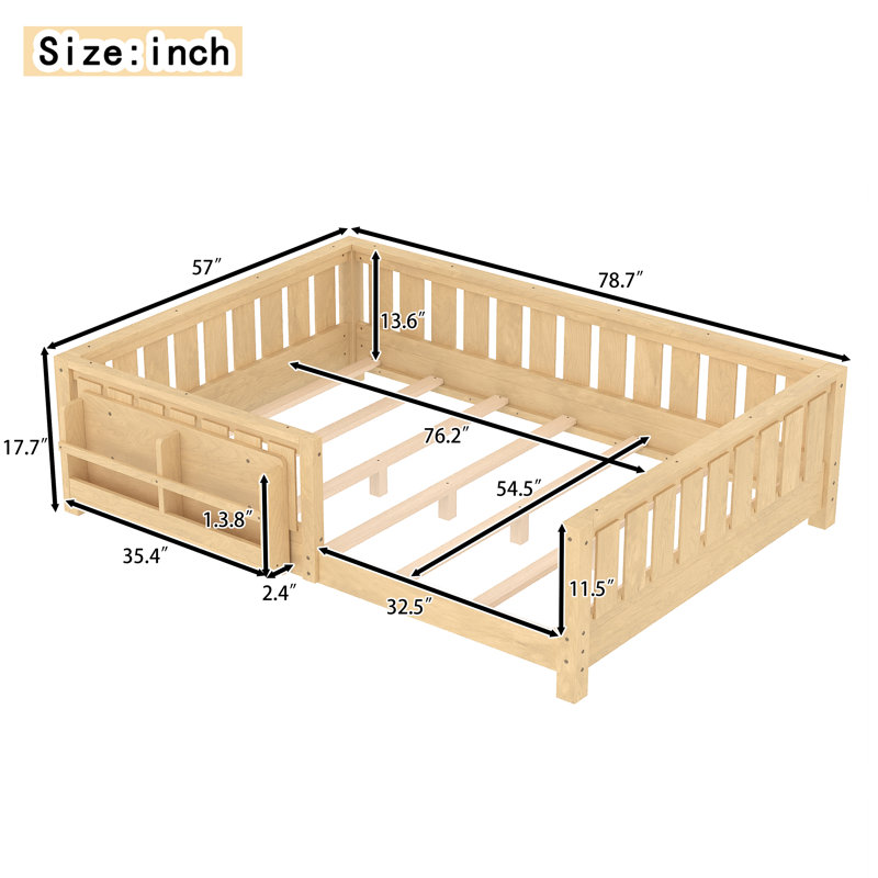 Full bed with built-in bookshelf and high-quality safety guardrail,Light Natural, Full, Light Natural