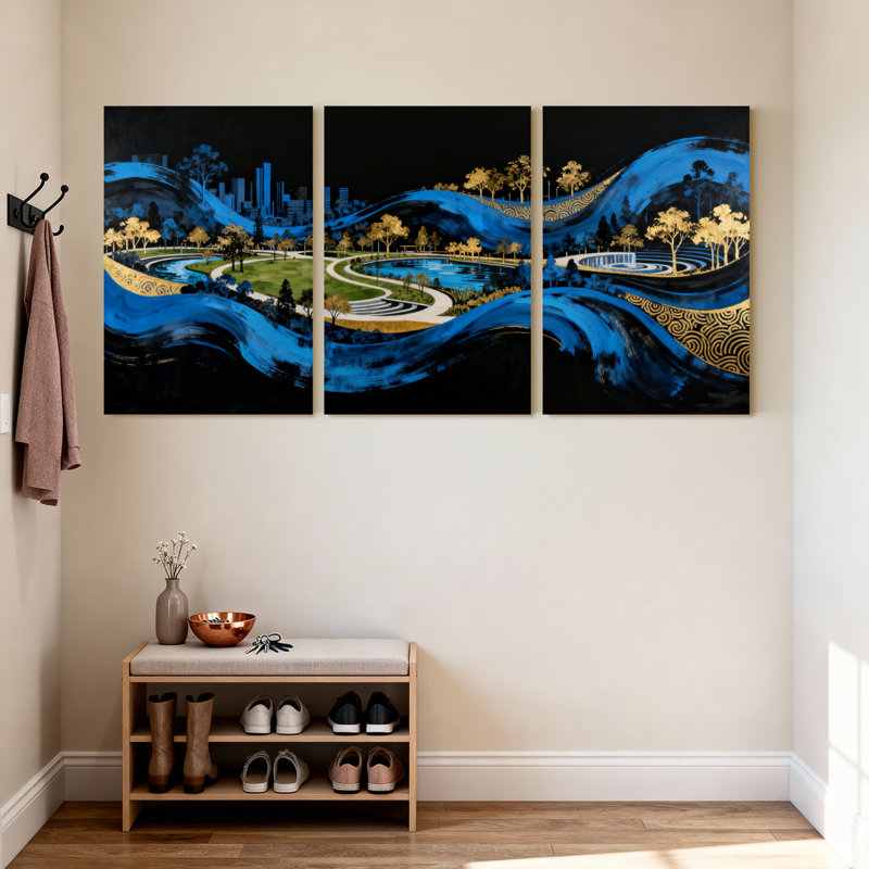 Cités et pays «Blue Waves Golden Trees Cityscape Park», ensemble de 3 impressions sur toile, H 30 po x l 60 po