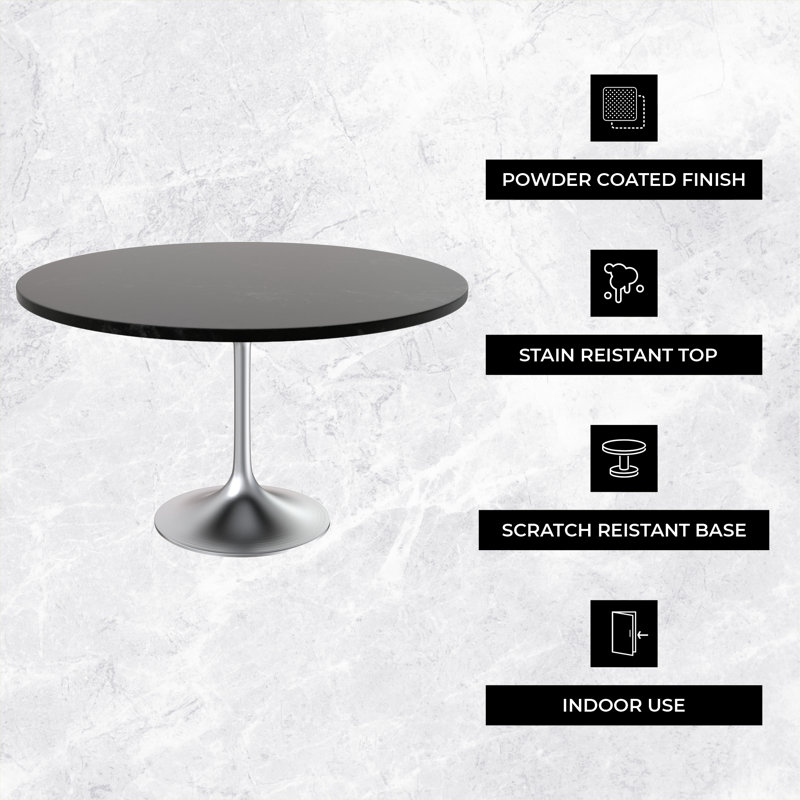 Heatherton 48" Round Dining Table with MDF Top Kitchen Table and Silver Stainless Steel Pedestal Base Seats 2-6 Person, Black