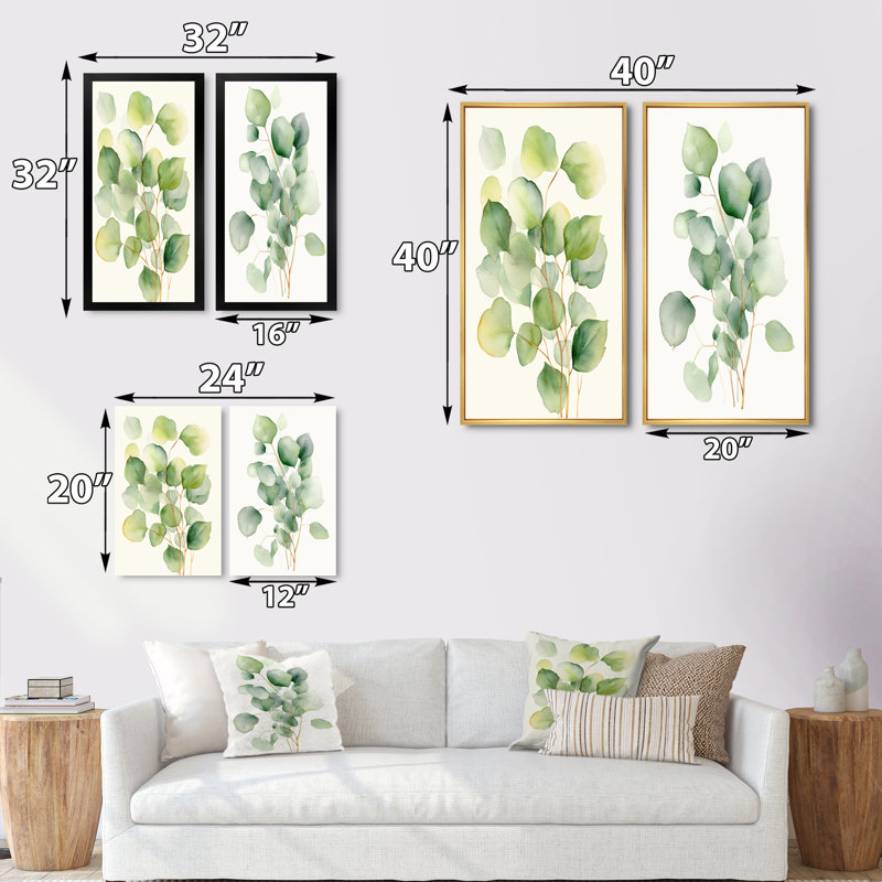 «White Green Minimalisme» Eucalyptus Essence VI - ensemble d'art mural floral de 2 pièces, Encadrement brun