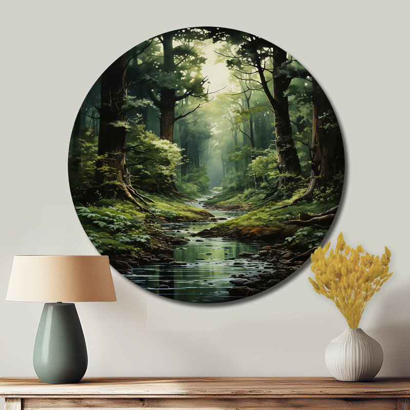 «River Into Enchanted Woods I» - art mural rond en métal, H 36 po x l 36 po