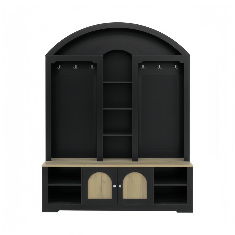 Multi-Functional Wardrobe With Shoe Racks, Clothes Hangers, And Hooks - Sturdy MDF Modern Entrance Wardrobe, Black