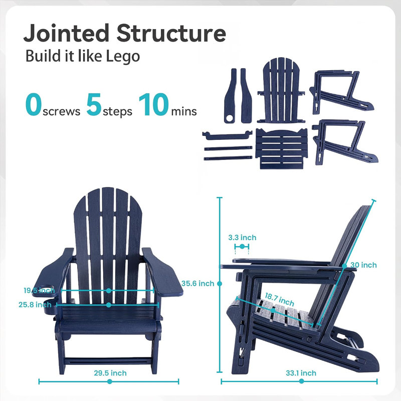 Chaise Adirondack 2 pièces, chaises Adirondack extérieures surdimensionnées en PEHD sans vis avec porte-gobelet, Lac bleu