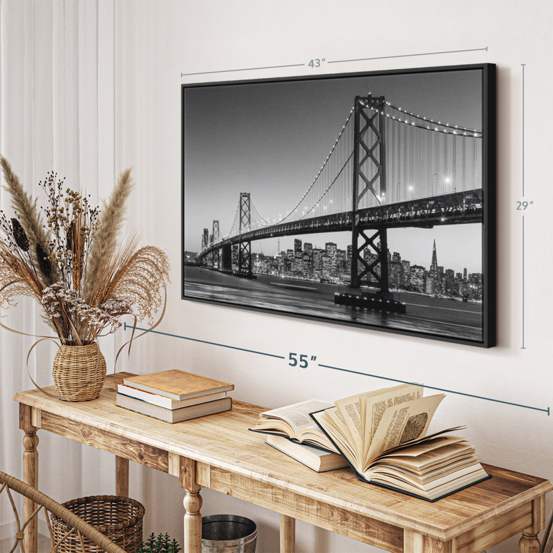 «SF Bay Bridge», reproduction sur toile en noir et blanc, H 29 po x l 43 po