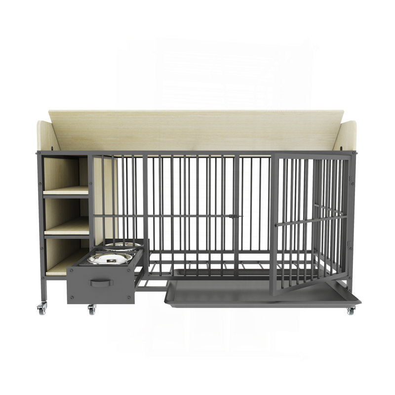 Grande cage pour animaux de compagnie avec support de rangement, tiroirs avec bac à nourriture et à eau en acier inoxydable, structure en fer et matériau en bois aggloméré, robuste, exquis et pratique (noir + beige)