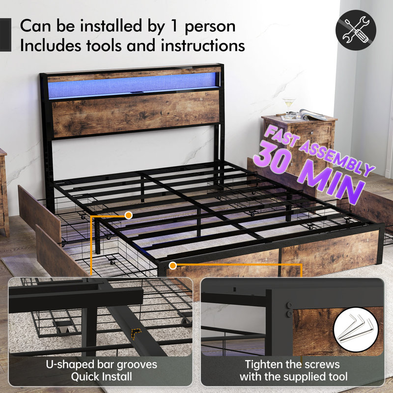 Bed Frame with 4 Storage Drawers and 2-tier Solid Wood Headboard Storage With Charging Station and LED Lights, Noise Free