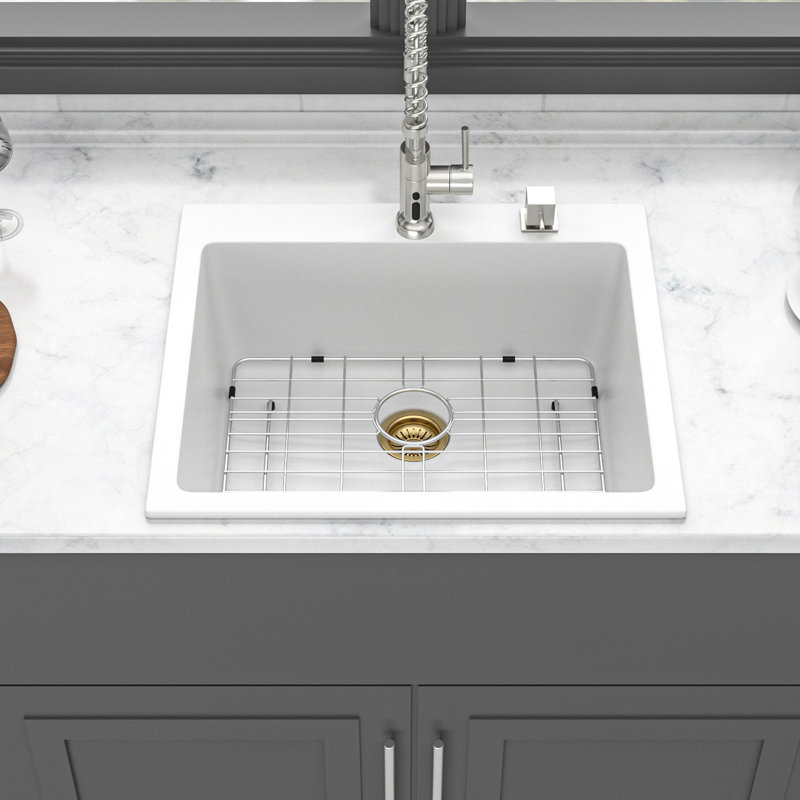 25X22" White Granite Quartz Drop - In Kitchen Sink, Low Noise And Long Lasting, Rounded Corners For Easy Cleaning, Package With Drain Strainers Sink 25X22", High End Composite Quartz, Reduces Dirt