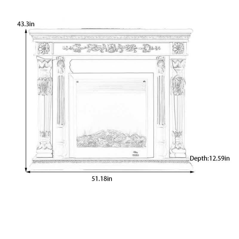 Retro solid wood base carved design fireplace, Ivory, 43.3" H x 51.18" W x 12.59" D