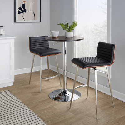 Ensemble de salle à manger à hauteur de comptoir Mid-Century moderne avec table réglable en métal chromé, plateau de table en bois, acier inoxydable et similicuir - 3 pièces