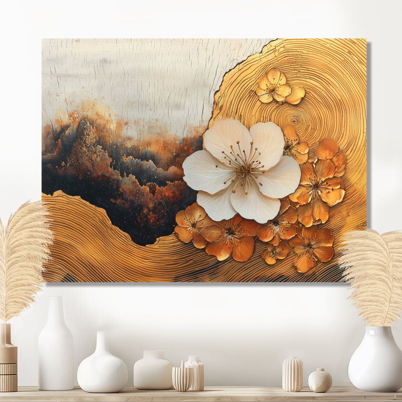 Fleur de pommier dans une rivière à encre jaune - Art floral de fleur de pommier, H 34 po x l 44 po