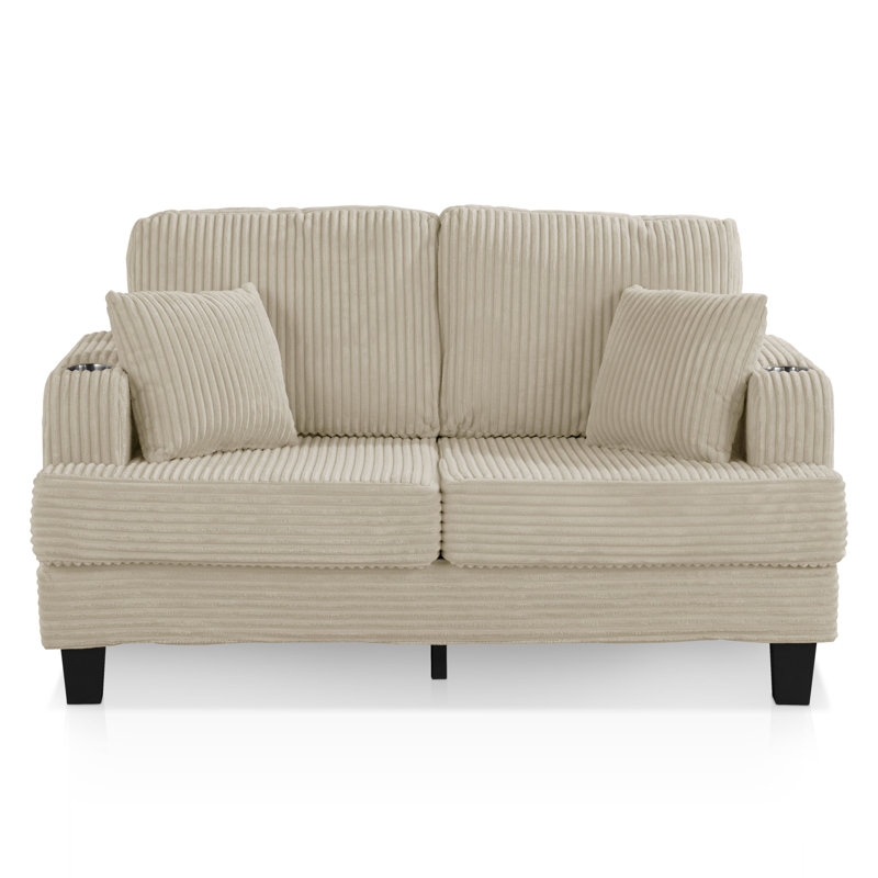 Canapé en chenille Luka avec porte-gobelets et ports USB, H 35,3 po x l 60 po x P 34 po, Beige
