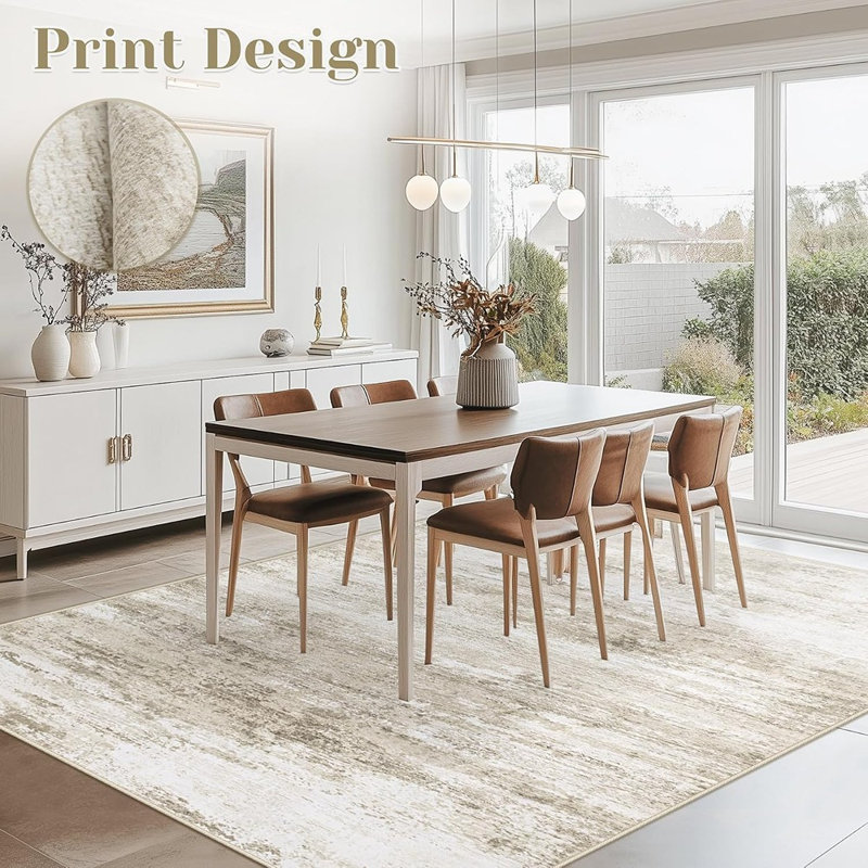 Tapis beige lavable abstrait, tapis doux antidérapant à faible épaisseur pour le salon et la chambre à coucher