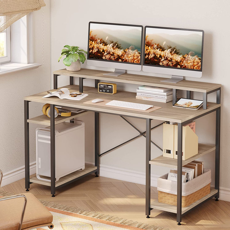 Kinslee 55inch Computer Desk with Monitor Stand, Oak