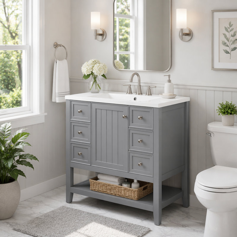 Meuble-lavabo 36 po avec lavabo et rangement polyvalent, Gris