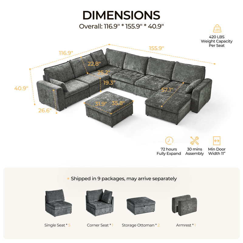 8-seater Oversized Modular Sofa Comfy Cloud Couch With Storage, Chenille Deep Convertible Sectional Sleeper Sofa Bed, Pet Friendly Covers Washable With 2 Ottomans