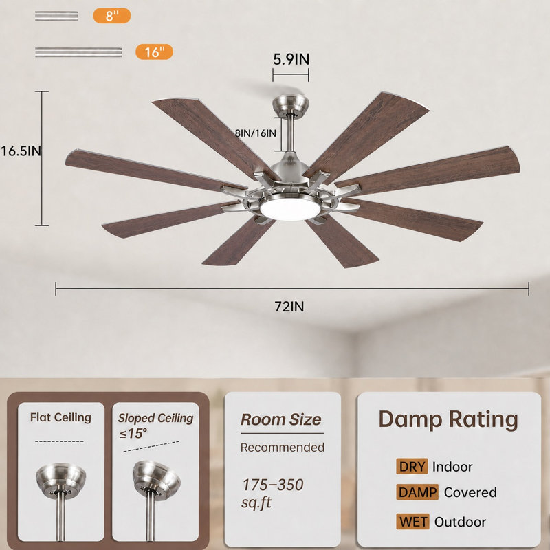Ventilateur de plafond 72 po à DEL à intensité variable avec 3 lumières à DEL CCT, moteur à courant continu réversible à 6 vitesses, minuterie, télécommande et contrôle de l'application