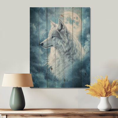 Portrait de loup au clair de lune II - Art mural moderne en bois sur bois de pin naturel