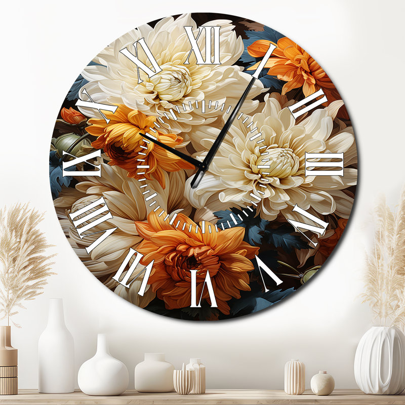 Horloge murale florale et botanique à motif d'automne Chrysanthemums, Surdimensionné