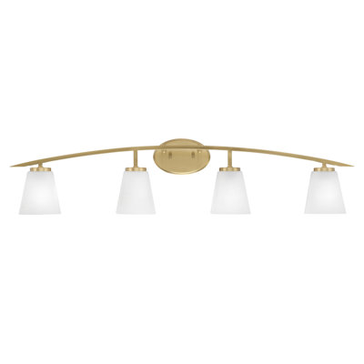 Barre d'éclairage de salle de bain 4 lumières kurve au fini laiton nouvel âge avec verre mousseline carré blanc de 4,5 po