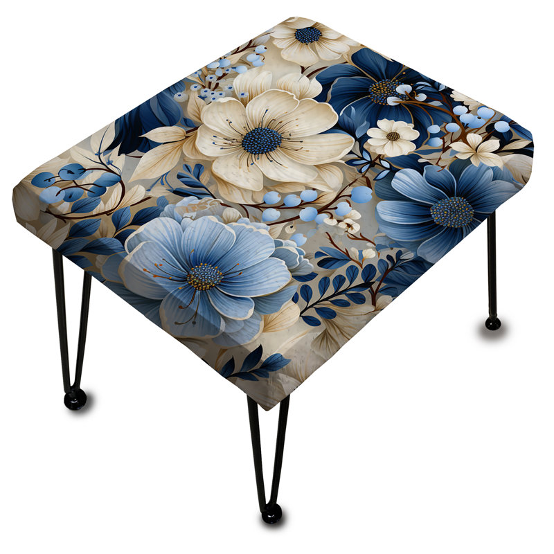 White And Blue Ranunculus Fauna Pattern II - Floral Rectangle Ottoman