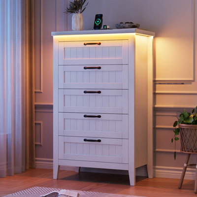 Farmhouse Tall 5 Drawer Dresser with Charging Station & LED Lights, Slim Wooden Bedroom Dresser, Rustic Chest of Drawers Clothes Storage Organizer for