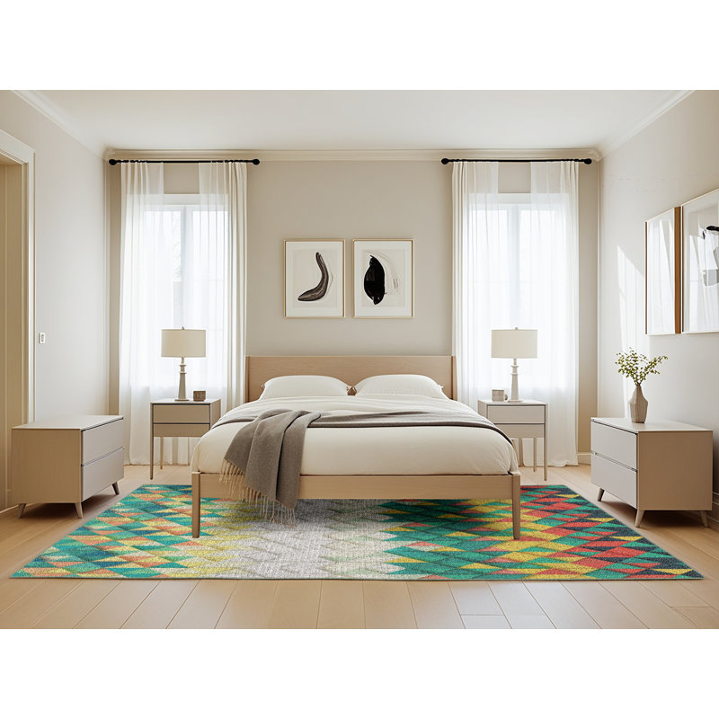Tapis géométrique vert / jaune / crème, Rectangle 5 pi x 8 pi